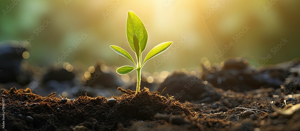 A young new plant grows out of the ground in spring, sunshine, new beginning A young new plant grows out of the ground in spring, sunshine, new beginning