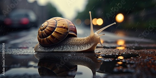  A snail on the asphalt of a wet road with cars