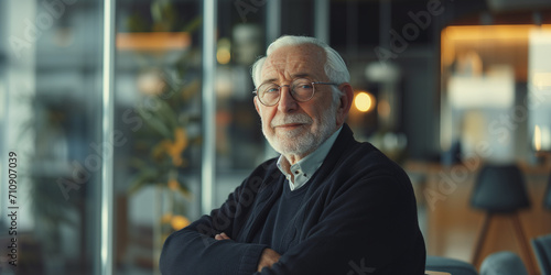 Alter Mann im Firmengebäude portraitiert