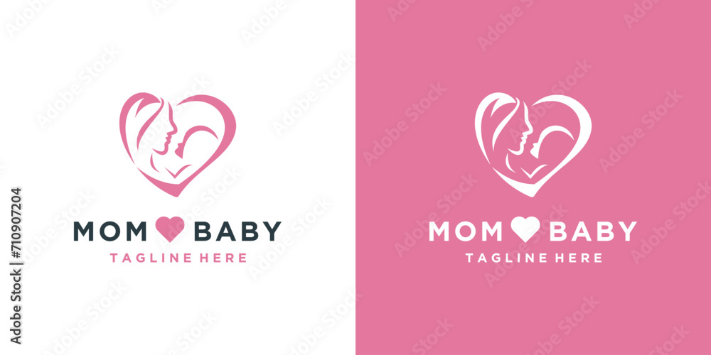 Mother and baby icon logo with heart concept, mother and child love symbol design template in modern style