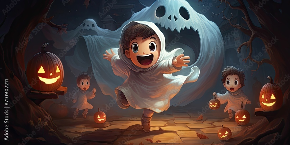 Children are scared by a friendly ghost on Halloween, cartoon Children are scared by a friendly ghost on Halloween, cartoon