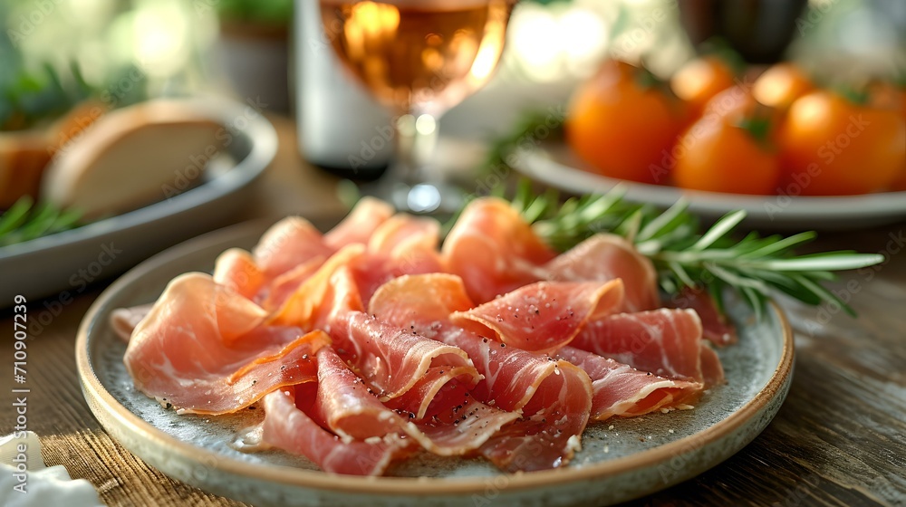Sliced prosciutto on a rustic plate, fresh herbs aside. a gourmet appetizer setup. ideal for culinary websites. AI Sliced prosciutto on a rustic plate, fresh herbs aside. a gourmet appetizer setup. ideal for culinary websites. AI
