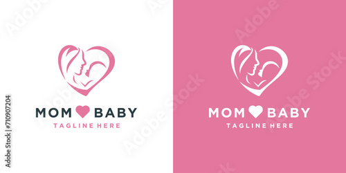 Mother and baby icon logo with heart concept, mother and child love symbol design template in modern style