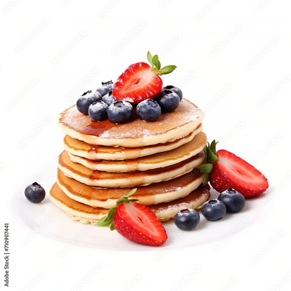 A stack of pancakes with strawberries and blueberries A stack of pancakes with strawberries and blueberries
