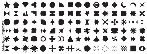 Brutalist abstract geometric shapes. Futuristic Y2K graphic icons. Collection of different graphic elements, star, sparkle, shapes, spheres, icons, frame, graphic design, poster, merch, flyers. Vector photo