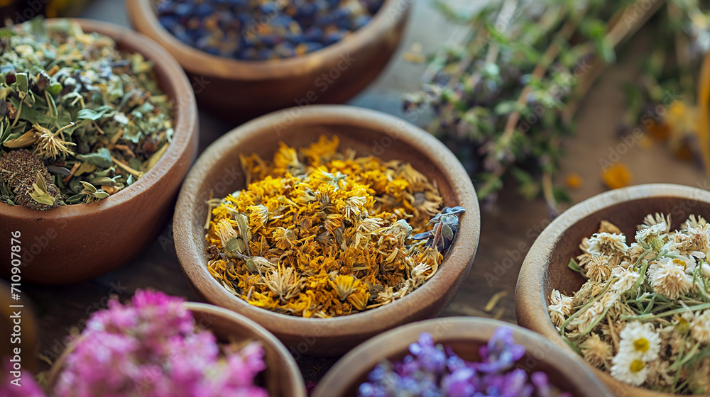 assortment of dry tea in wooden bowls, healing herbs in with chamomile and essentials.