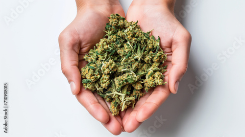 Close up of hands holding a cannabis nug isolated over white background