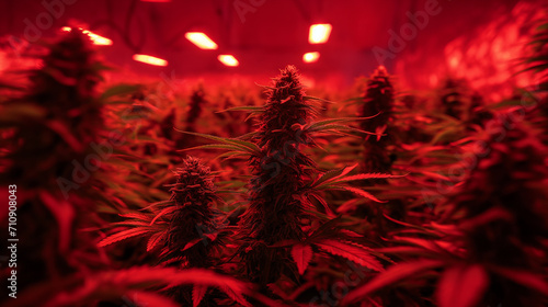 ripe marijuana bush growing in a basement lit by artificial red light from a warm lamp, growing cannabis indoors with additional electric light from lamps .