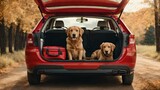Two adorable dogs waiting in SUV trunk on a fall day. friends on a road trip. AI