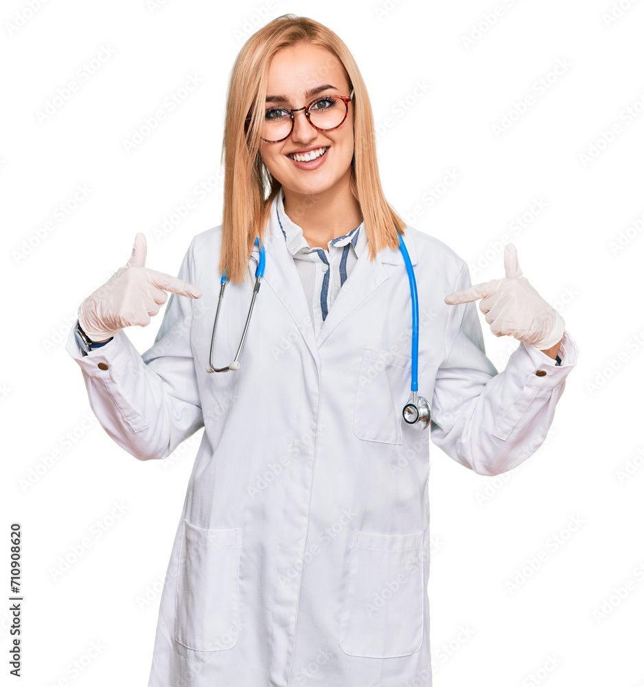 Beautiful caucasian woman wearing doctor uniform and stethoscope looking confident with smile on face, pointing oneself with fingers proud and happy. Beautiful caucasian woman wearing doctor uniform and stethoscope looking confident with smile on face, pointing oneself with fingers proud and happy.