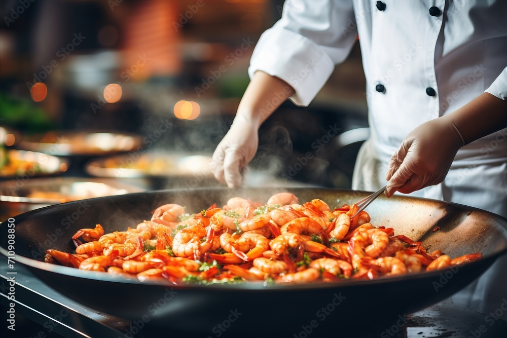 Chef cooking delicious tiger prawn in modern kitchen with blurred background and copy space for text