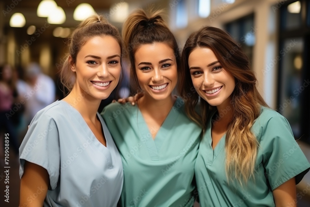 Three young female nurses posing for a photo in a hospital hallway Three young female nurses posing for a photo in a hospital hallway