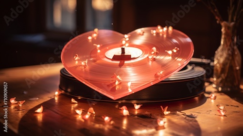 A heart-shaped reflection on a polished vintage vinyl record, with the grooves capturing the rhythm of a timeless love song -Generative Ai
