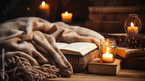 A cozy reading nook with a soft blanket, books, and candles