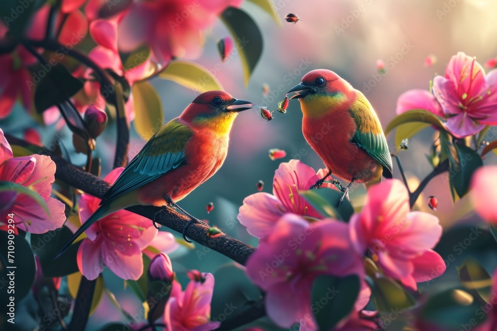Floral paradise with birds enjoying nectar, a symphony of colors and avian delight.