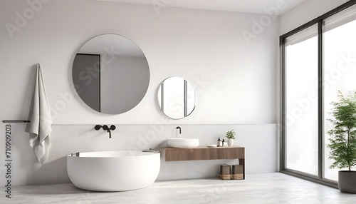 3d rendering of a modern minimal white bathroom with big round mirror