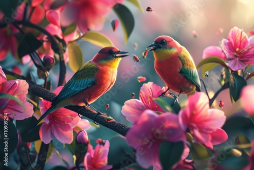 Floral paradise with birds enjoying nectar, a symphony of colors and avian delight. © Robert Anto