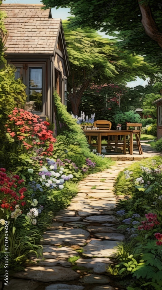 Beautiful summer garden with flowers, bushes and stone path to the house, summer vacation