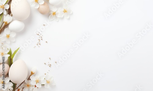 Festive Easter background. Composition with blank greeting card, Easter eggs and flowers on light background. Easter cozy minimal empty template for text. Flat lay, place for text. 