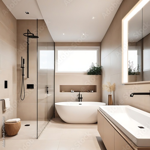 Bathroom interior in beige tones in a minimalist style