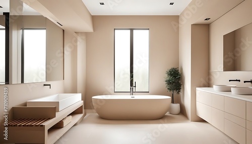 Bathroom interior in beige tones in a minimalist style