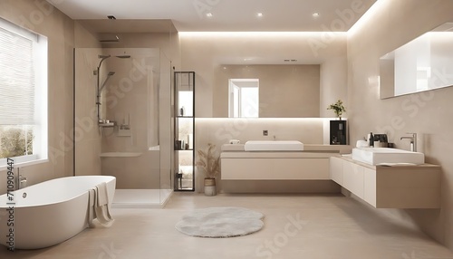 Bathroom interior in beige tones in a minimalist style