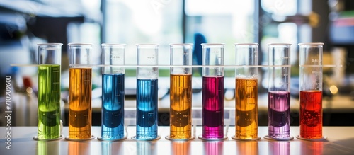 Test tubes with liquids in different colors in a laboratory, a laboratory team working in the background