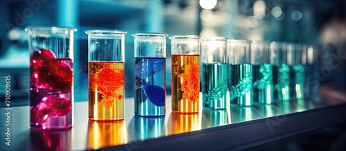 Test tubes with liquids in different colors in a laboratory, a laboratory team working in the background photo