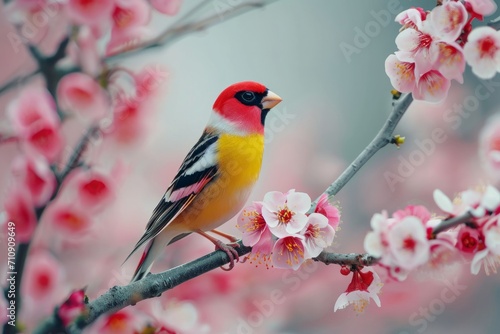  Colorful finch perches on a blooming branch, a vibrant display of nature's artistic palette.