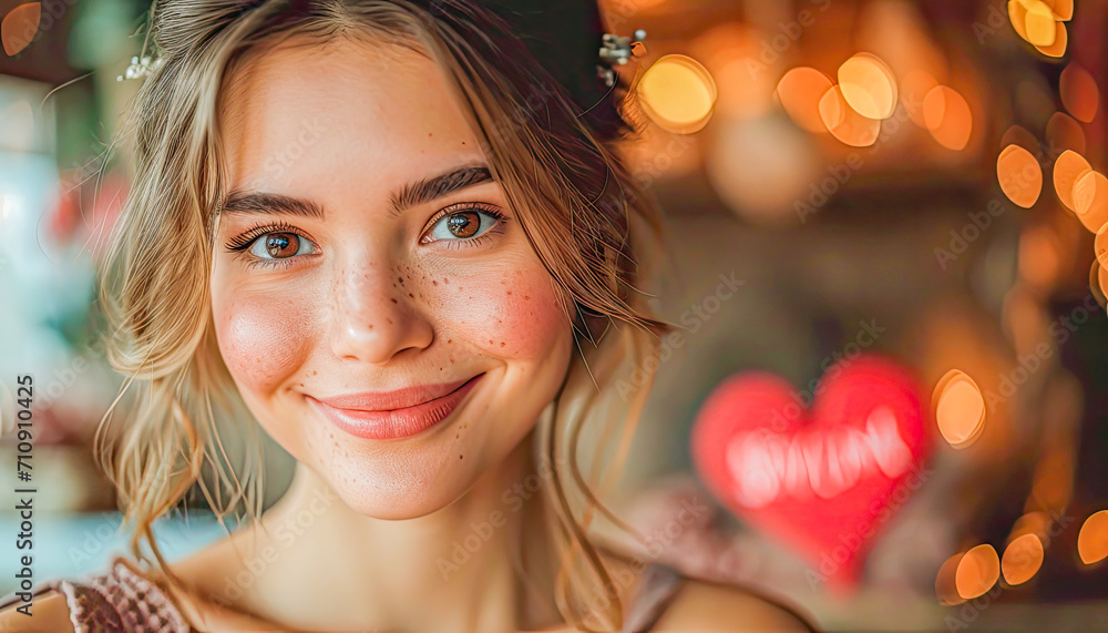 Happy girl smiling in romantic environment, with balloons, February, people concept, generative ai Happy girl smiling in romantic environment, with balloons, February, people concept, generative ai
