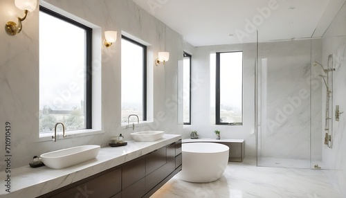 Interior design  marble bathroom. Sinks and window