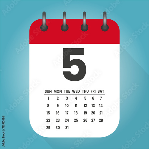 Number 5 - vector icon calendar days. 5th day of the month. Illustration flat style. Date of week, month, year Sunday, Monday, Tuesday, Wednesday, Thursday, Friday, Saturday. Holiday calendare date