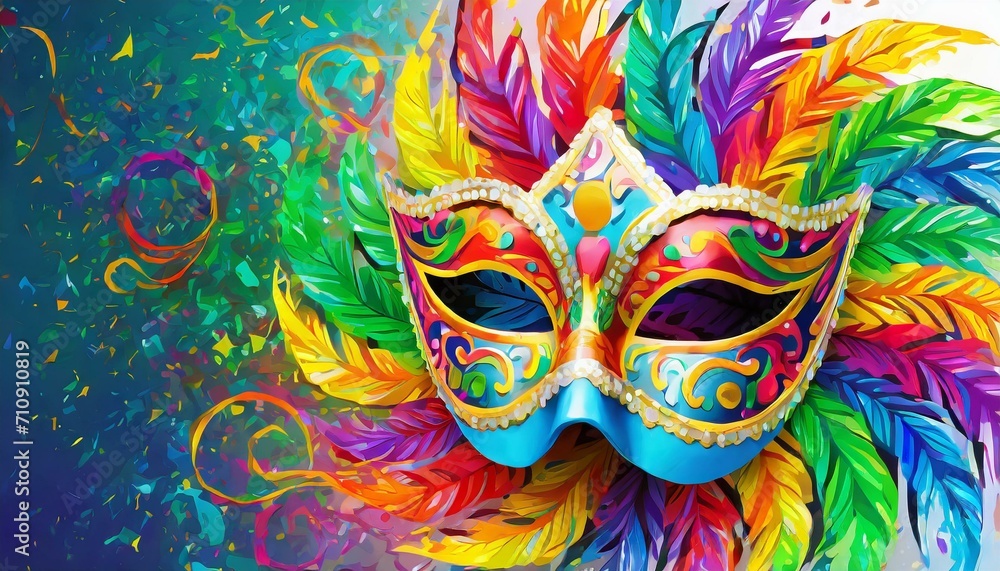 máscara de carnaval com penas coloridas e adornos, em um fundo colorido máscara de carnaval com penas coloridas e adornos, em um fundo colorido