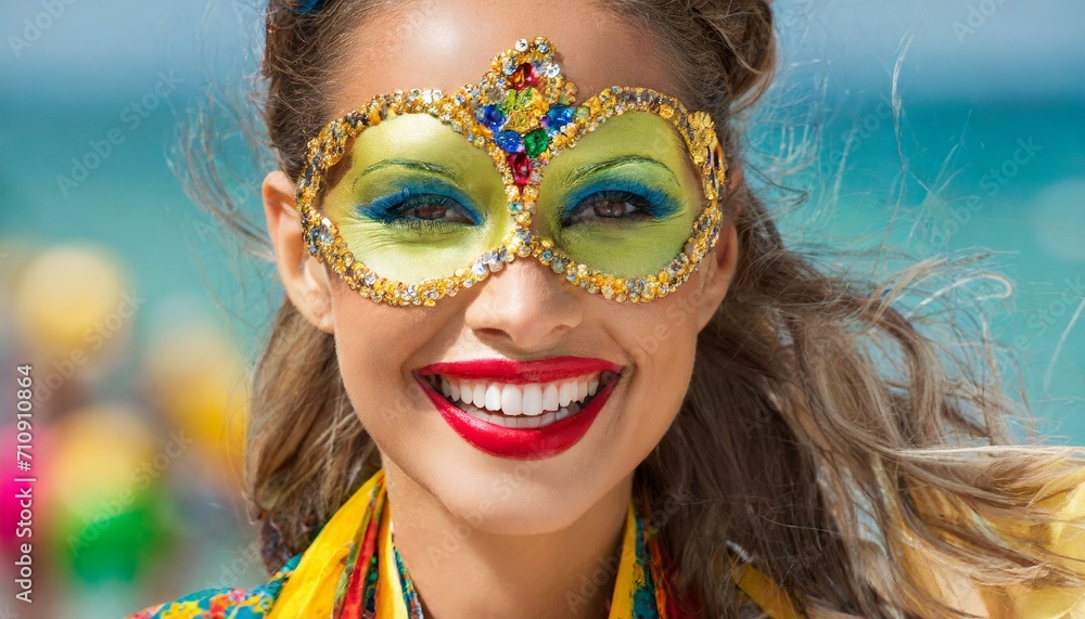 mulher sorridente usando máscara e maquiagem de carnaval, com penas coloridas e adornos, tema festivo mulher sorridente usando máscara e maquiagem de carnaval, com penas coloridas e adornos, tema festivo