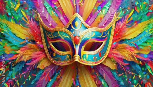 máscara de carnaval centralizada com penas coloridas e adornos, em um fundo colorido photo