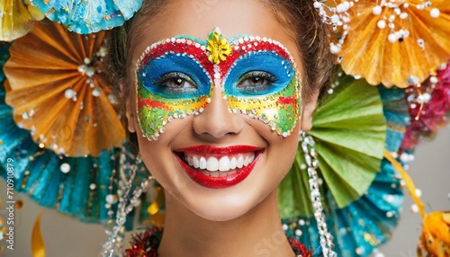 mulher sorridente usando máscara e maquiagem de carnaval, com penas coloridas e adornos, tema festivo photo