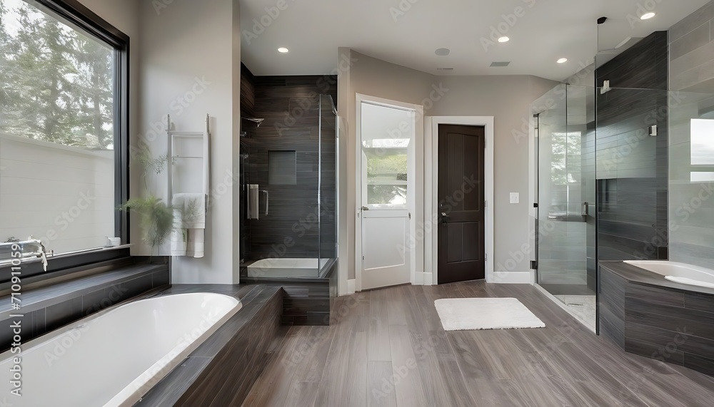 Master bathroom interior in luxury modern home with dark hardwood cabinets, white tub and glass door shower Master bathroom interior in luxury modern home with dark hardwood cabinets, white tub and glass door shower