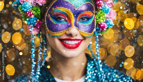 mulher sorridente usando máscara e maquiagem de carnaval, com penas coloridas e adornos, tema festivo photo