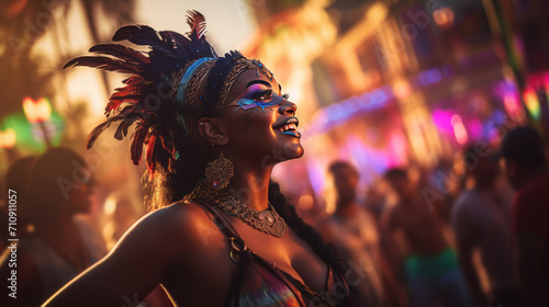 Smiling Woman With Feathered Headdress at a brazilian carnival on a festively lit street photo