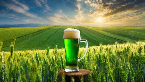 deliciosa e gelada caneca de cerveja em um belo campo verde ensolarado photo