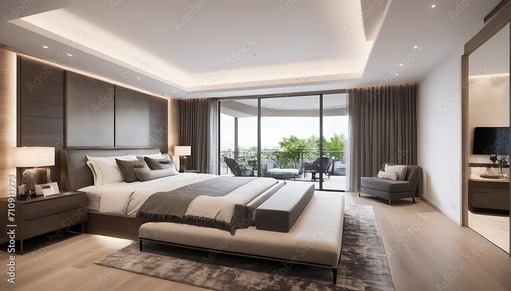 Master bedroom interior with private balcony Master bedroom interior with private balcony