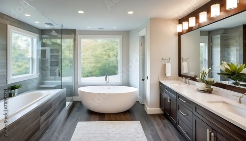 Wallpaper Mural Master bathroom interior in luxury modern home with dark hardwood cabinets, white tub and glass door shower Torontodigital.ca