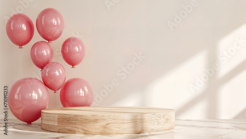 Minimalistic product display with pink balloons and beige background.  Natural wooden stage with decorations. Promotion banner for eshop with copy space.