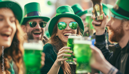 A group of joyful people wearing green hats and clothes celebrating, with glasses of green beer in hand