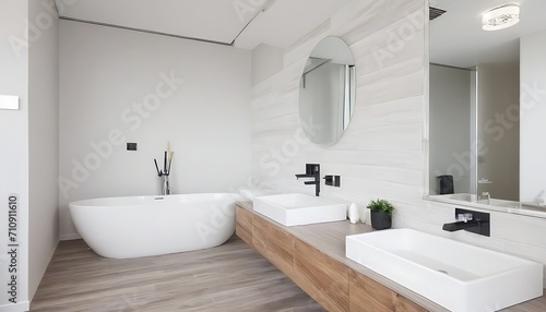 Modern bathroom interior with white bathtub and chic vanity, white walls, parquet floor.