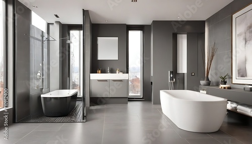 Spacious bathroom in gray tones with heated floors