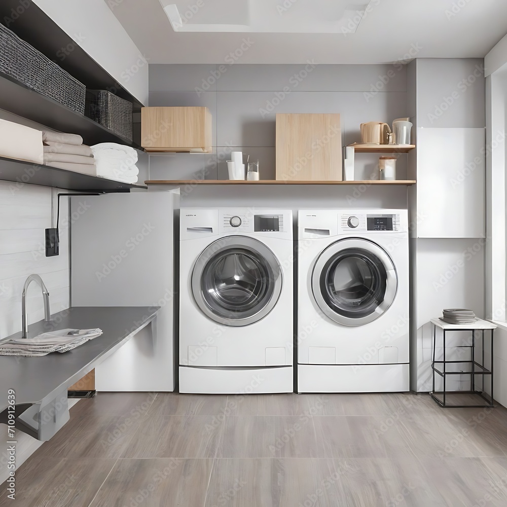 Washing machines in a clean organized neat utility laundry room or washing service room interior front view shot as wide banner mockup design with copy space area Washing machines in a clean organized neat utility laundry room or washing service room interior front view shot as wide banner mockup design with copy space area