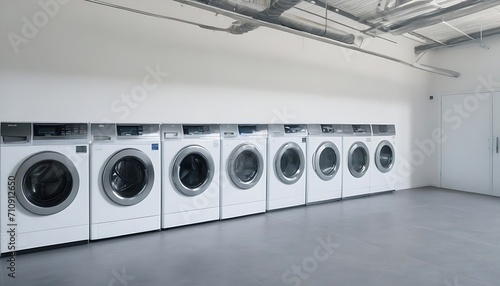 Washing machines in a clean organized neat utility laundry room or washing service room interior front view shot as wide banner mockup design with copy space area