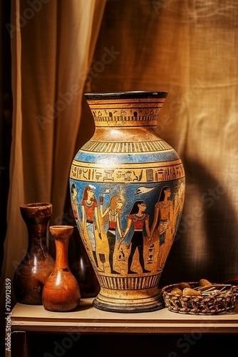 An ancient Egyptian ceramic vase depicting people and their daily lives