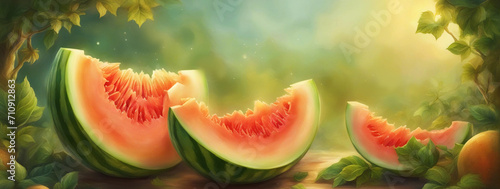 Fairy tale background with yellow melons. photo